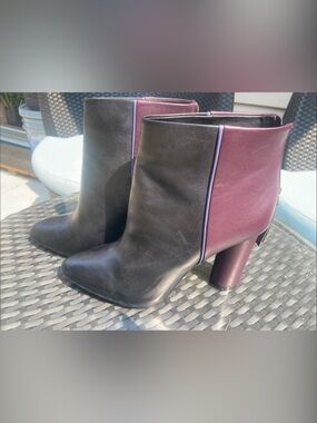 CAbi Black and Burgundy Block Heel Ankle Boots